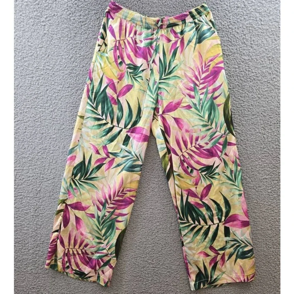 GUESS Ines Wide-Leg Pants Women's M Tropical Escape Print Elastic Waist Pull On
